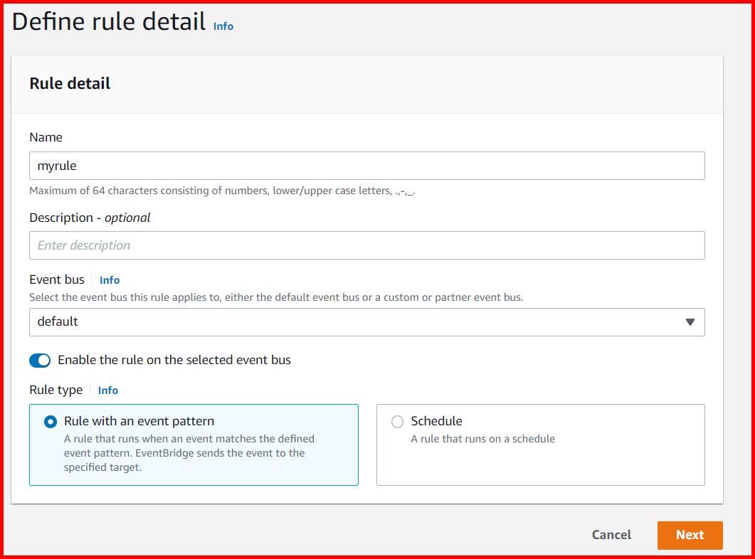 Picture showing the create rule screen in Cloudwatch